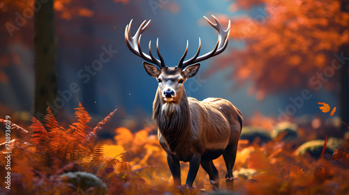 A reindeer in an autumn scene, its confident stride accentuated by fallen autumn leaves