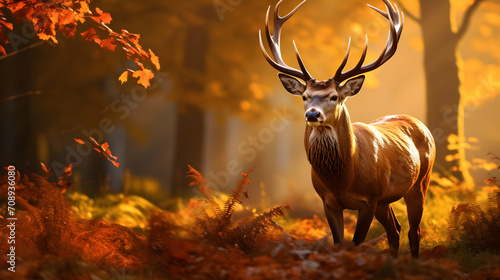 A reindeer standing amidst autumn fall leaves