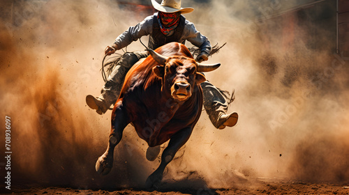 An action-packed rodeo with cowboys participate in thrilling lasso events or daredevil bull riding