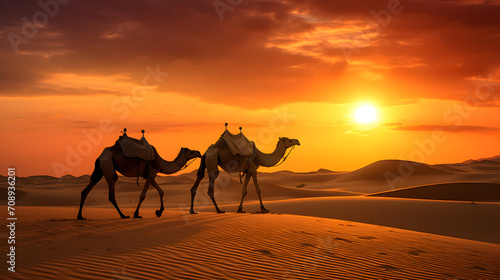 Camels walking in the arabian desert in sunset