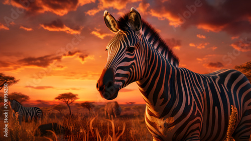 Close up of a Zebra standing in a National Park in sunset