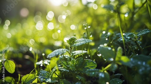  a close up of a leafy plant with water droplets on the leaves and the sun shining through the leaves and the grass in the background is covered with water droplets.