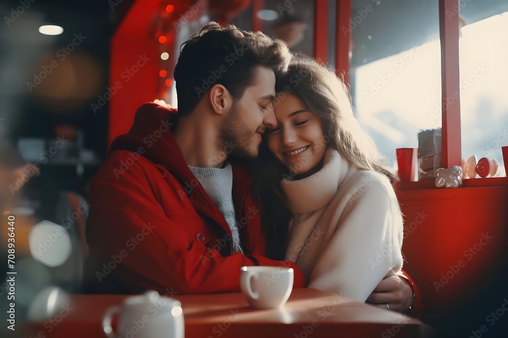 Beautiful couple in a cafe. Man and woman in a red coat. Beautiful couple in a cafe. Man and woman in a red coat.