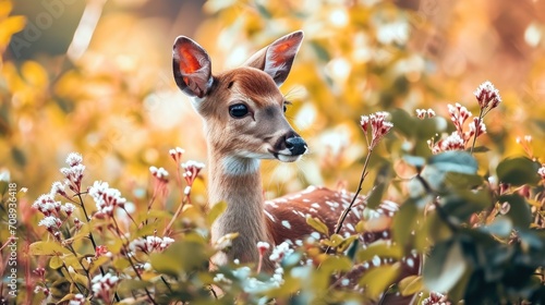  a close up of a small deer in a field of grass and flowers with a blurry background of leaves and flowers in the foreground and a blurry background.