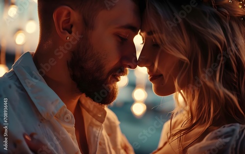 Close-up portrait of a beautiful young couple in love at sunset.