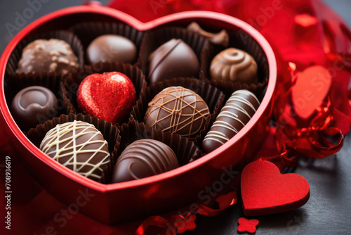Valentine sweet surprise, Chocolates in a heart shaped red box, a delectable expression of love. © pkproject