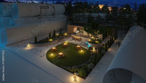 Planung eines Restaurants mit Außengastronomie bei Abendbeleuchtung (Stadt-Panorama im Hintergrund) - 3D Visualisierung