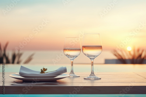 Two wine glasses and elegant dinner setup against a breathtaking seaside sunset.