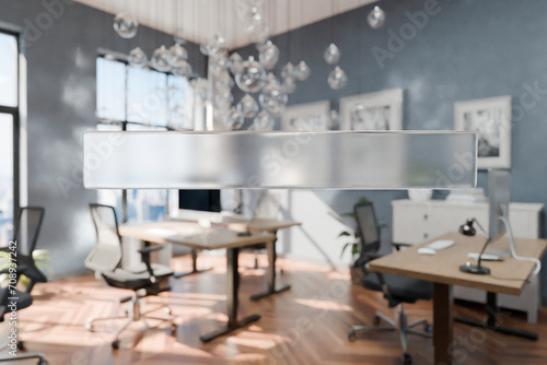 transparent text box in front of modern minimalistic pc workspace in luxurious loft office and panoramic view  remote work home office concept  bright daylight  3D rendering