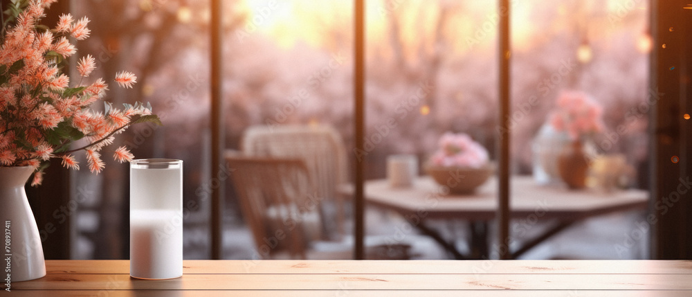 Empty wooden table in front of blurred cafe interior .