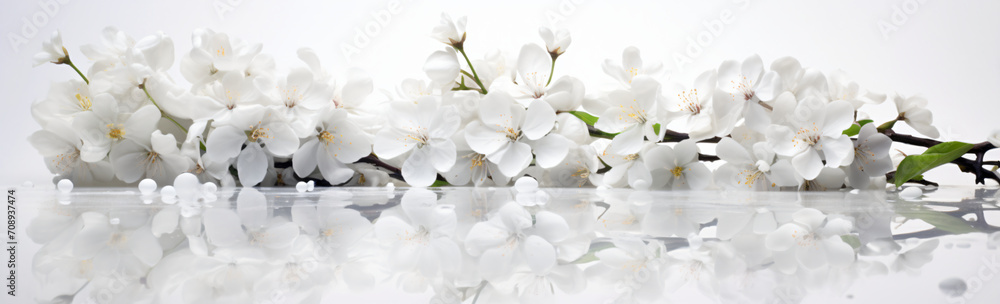 White blossoms are seen on a pristine white surface with mirrors, in the style of photographic, white background

