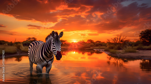 Zebra standing in water at a National Park in sunset