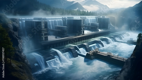 Hydroelectric power plants and the use of water flow to generate energy. An efficient way to use natural resources, a renewable energy source that does not pollute the environment
