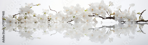 White blossoms are seen on a pristine white surface with mirrors, in the style of photographic, white background


