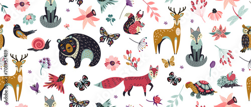 Seamless pattern fantastic animals birds and plants