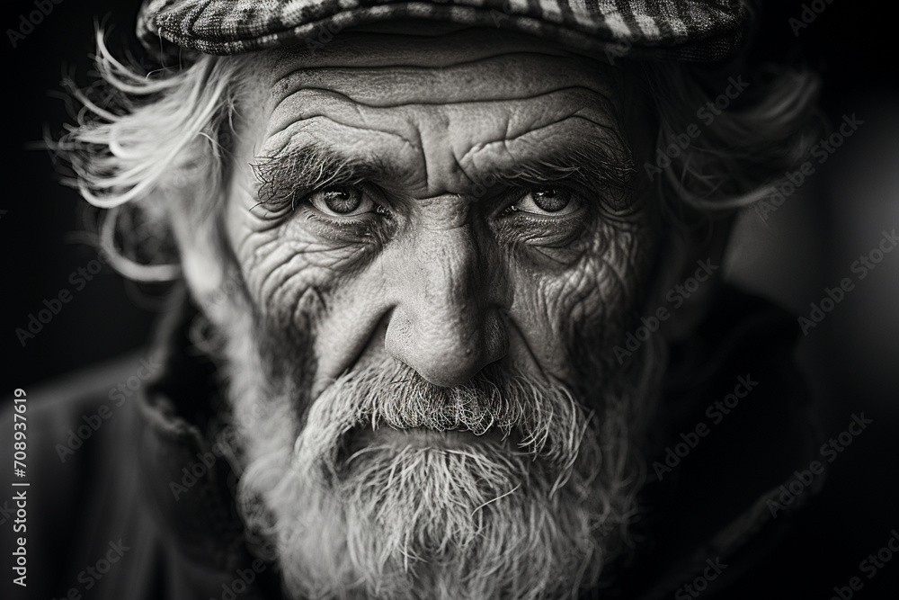 A black-and-white photograph capturing the character in the weathered face of a content elderly man, each line telling a unique story, and his eyes reflecting a lifetime.
