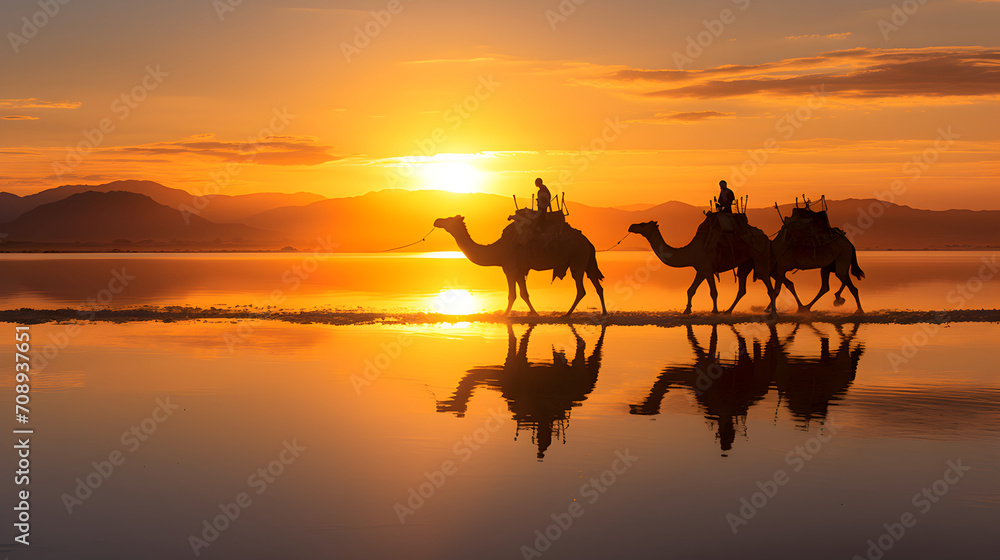 Silhuette of camels on the salt lake at sunrise