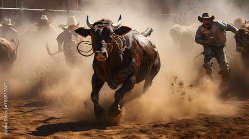 Rodeo with cowboys participating in thrilling lasso events or daredevil bull riding