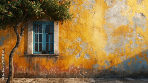  a tree in front of a yellow wall with a blue window and a small tree in front of a yellow wall with a blue window and a tree in front of it.