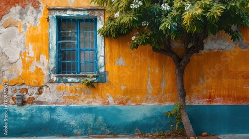  an orange and blue building with a tree in front of it and a bench under a tree in front of a blue and yellow wall with a tree in front of it.
