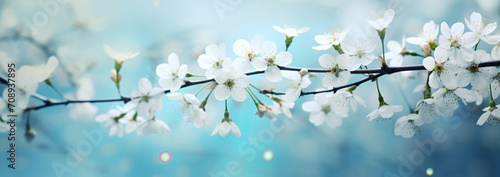 Photos of trees with white flowers bokeh, in the style of light aquamarine and cyan, delicate chromatics, flower power, shaped canvas, cherry blossoms, soft-focus, soft-edged