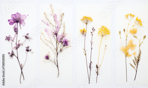 Four small yellow plants on a white background, in the style of white and pink, delicate flowers, photo-realistic landscapes, white and purple, photo montage, organic material, dau al set


