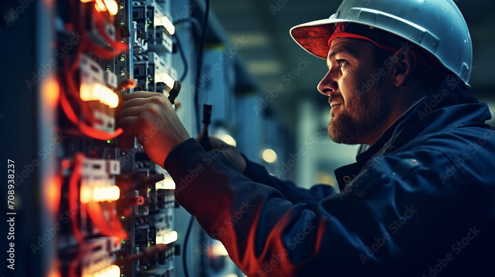 Smiling electrician, handsome and skilled, troubleshoots breaker panel ensuring seamless functionality of electricity supply emphasizing importance of maintaining reliable electricity supply