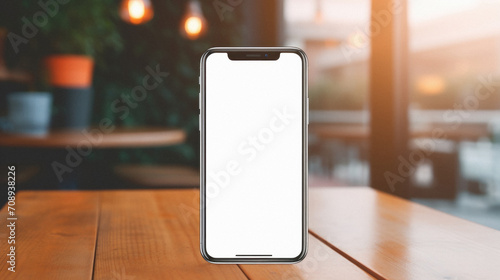 Mockup image of smartphone with blank white screen on wooden table in cafe