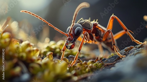  a close up of a small insect on a rock with moss growing on it's sides and a blurry background of leaves and grass in the foreground.