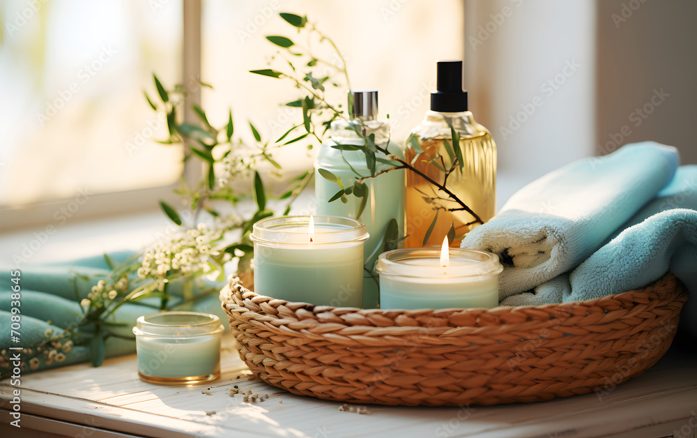 Preparation for spa treatment accessories with natural massage oil bottle, candle and plant branches is near window
