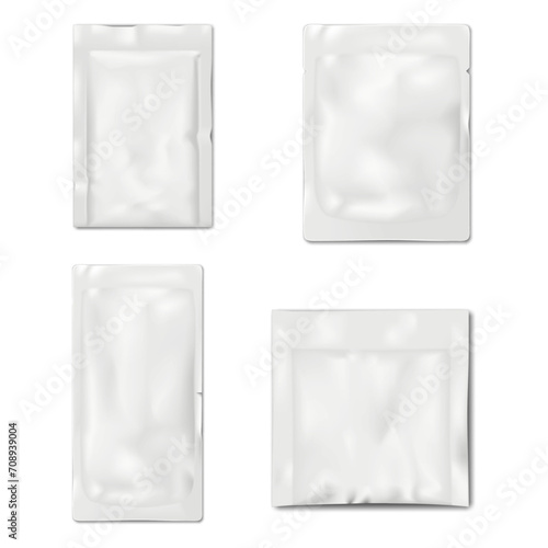 Blank white 3 and 4 side seal sachet packet. Vector mock-up set. Plastic, paper or foil pouch bag template. Food, medical or beauty product individual package kit mockup