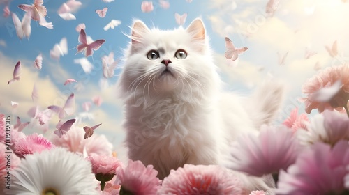 Fluffy White Cat Surrounded by Falling Pink Petals generative ai