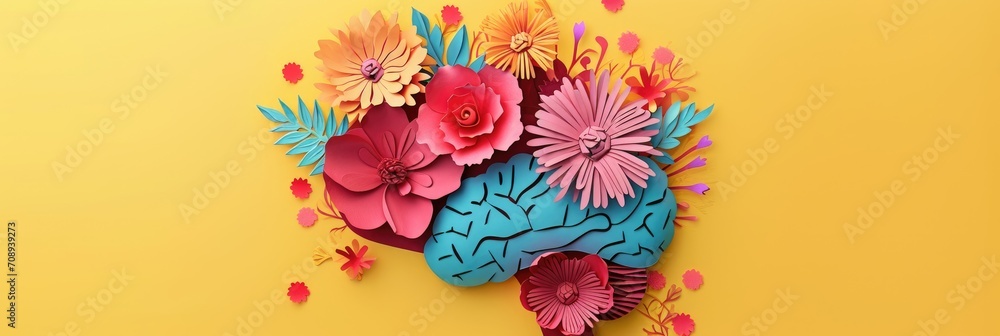 paper cut card Human brain with spring colorful flowers. World Mental Health day Concept of mental health, self care, happiness, harmony, positive thinking, creative mind - obrazy, fototapety, plakaty 