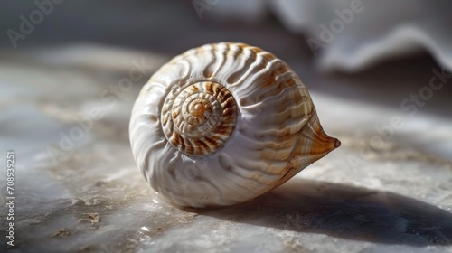 a close up of a snail's shell on top of a white sheet of paper with a wave coming out of the back of the snail's shell.