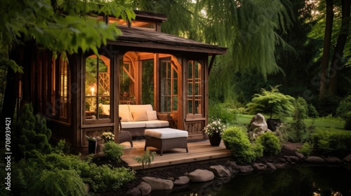 Beautiful little cozy wooden room in garden, idea for small house pavilion