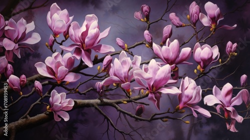 Magnolia flowers on a branch. Painting with flower paints
