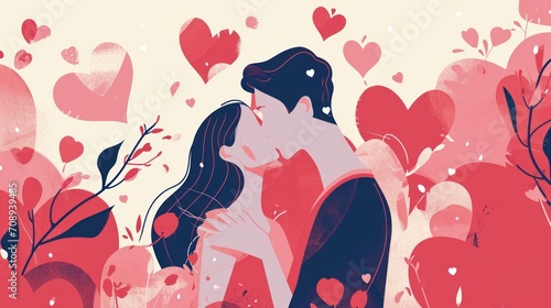 Wallpaper Mural  a painting of a man and a woman kissing in front of a heart - filled field of trees and bushes with red and pink hearts in the sky above them. Torontodigital.ca