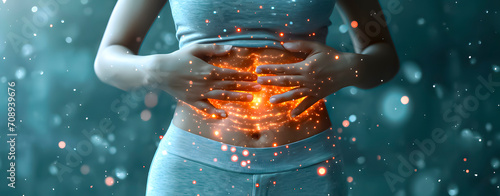 Stomach or bowel pain. Woman putting her hands on her belly.  photo