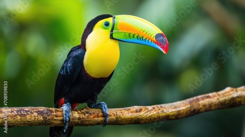 Toucan sits on a branch in the forest, green vegetation photo