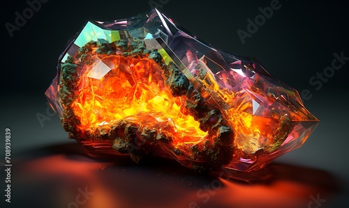 Neon glowing sulphuric 3d realistic crystals in a cracked geode. Generative Ai