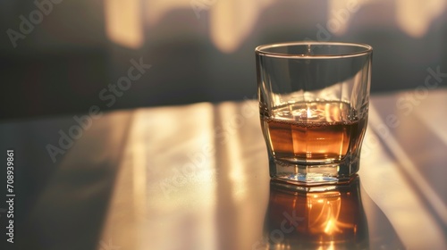  a glass of whiskey sitting on top of a wooden table next to a bottle of alcohol and a glass of water on a table top of a wooden table with a shadow.