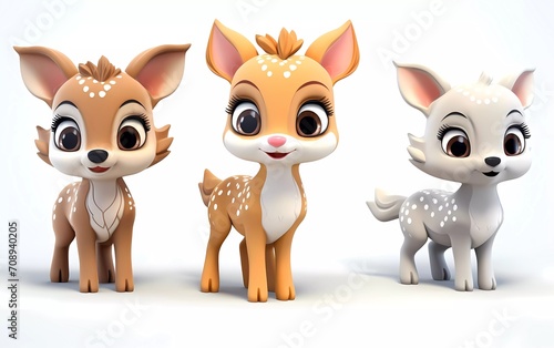 collection of 3d illustrations of cute cartoon fawns  in various styles  on a white background. generative ai