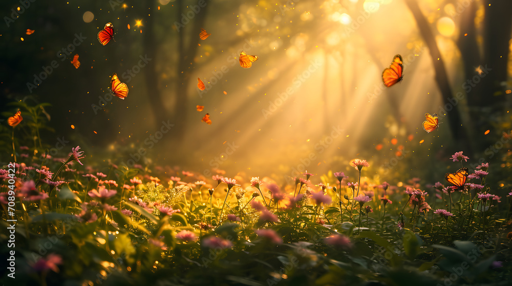 Magical forest, Enchanted Forest, Golden Sunlight, Flowers with Butterflies