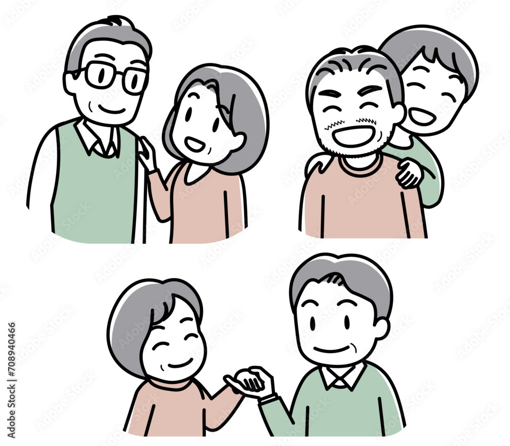 仲の良いシニアカップル（見つめ合う・肩に手を置く・手を取る／男女ペア）