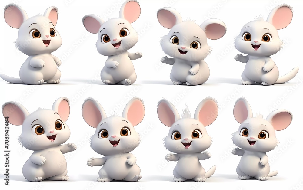 collection of 3d illustrations of cute cartoon rabbits, in various styles, on a white background. generative ai