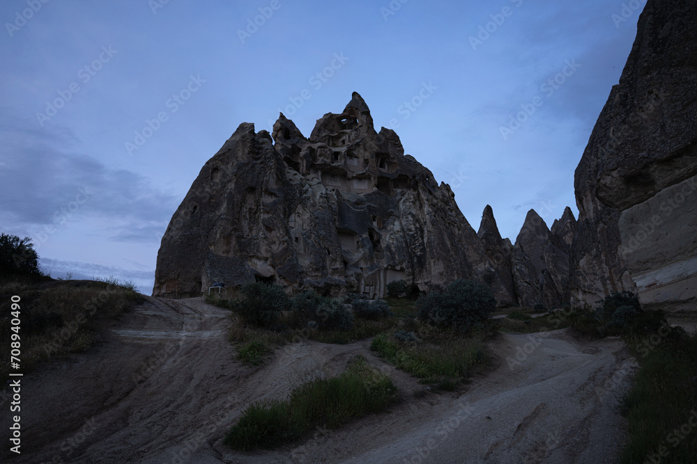 Valley with cave houses in cappadocia in the evening Valley with cave houses in cappadocia in the evening