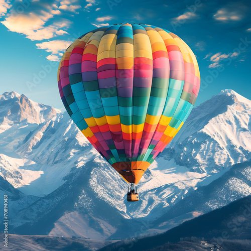A mountain landscape with a colorful hot air balloon festival rising against the backdrop of snow-capped peaks.
