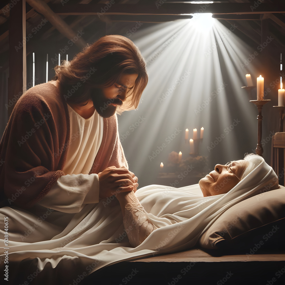 Jesus comforting old person at death bed. Concept of heaven coming. Jesus comforting old person at death bed. Concept of heaven coming.