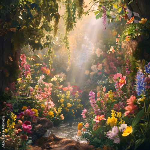 Magical garden, vibrant flowers, and fairytale-like scenery. Fantasy and whimsical style. © Mymo.onlit