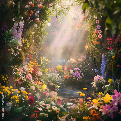 Magical garden  vibrant flowers  and fairytale-like scenery. Fantasy and whimsical style.